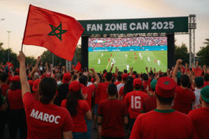 Supporters marocains célébrant la CAN 2025 dans une Fan Zone avec un écran LED géant à Casablanca.