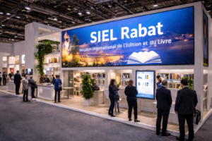 stand Salon International de l'Édition et du Livre SIEL Rabat avec écran LED et éclairage professionnel