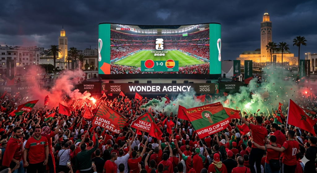 fan zone World Cup 2026 Maroc avec écran géant LED et ambiance supporters par Wonder Agency