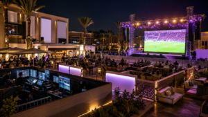 organiser fan zone Maroc avec écran géant LED sonorisation éclairage food court et zone VIP