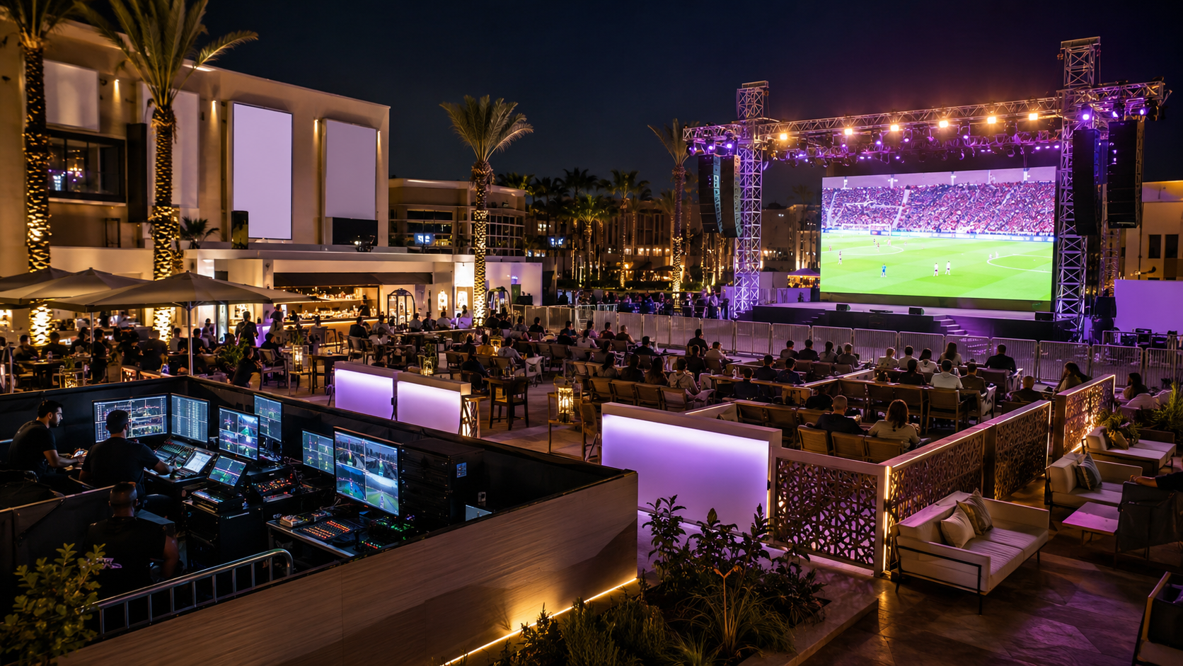organiser fan zone Maroc avec écran géant LED sonorisation éclairage food court et zone VIP