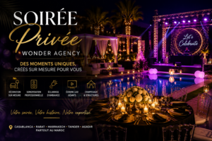 Organisation d'une soirée privée au Maroc avec décoration élégante, éclairage professionnel, piste de danse et ambiance haut de gamme par Wonder Agency